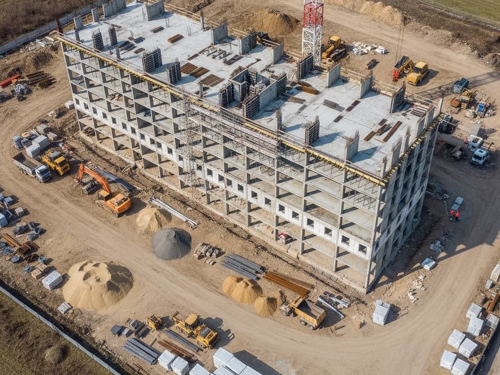 Αεροφωτογραφία εργοταξίου υπό κατασκευή με γερανό και σκυρόδεμα σε εξέλιξη