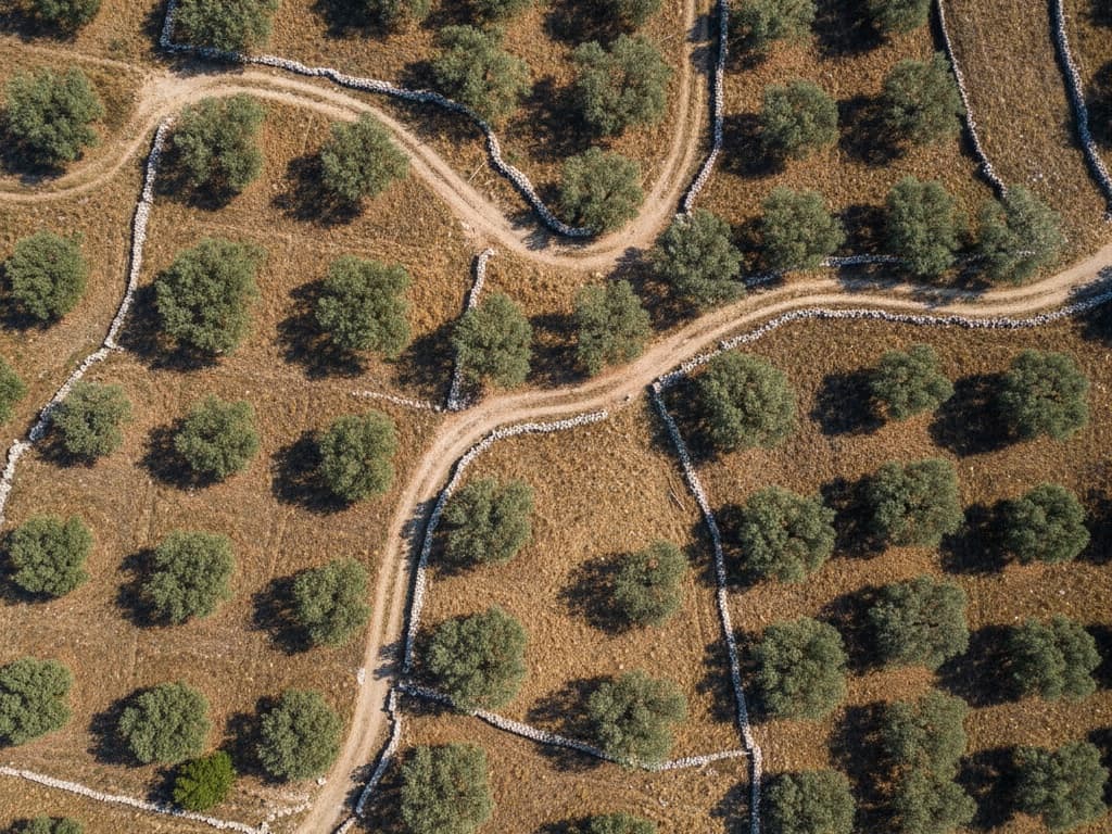 Κάθετη αεροφωτογραφία ελαιώνα με αγροτικούς δρόμους και όρια από ξερολιθιά